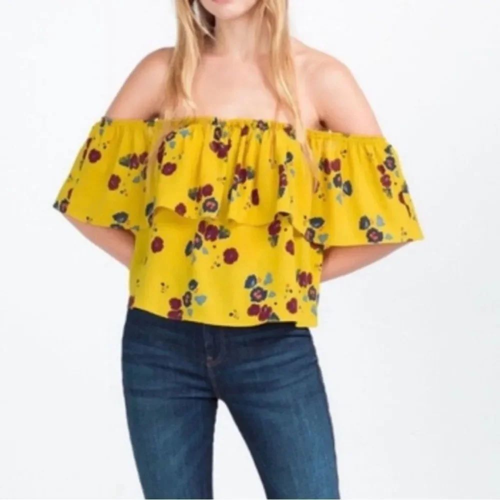 ZARA | Yellow Off-Shoulder Floral Ruffle Blouse Women’s Size Large